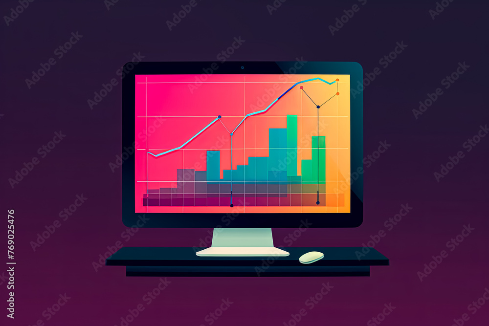 Poster a computer monitor with a graph on it and a keyboard and mouse on a desk.