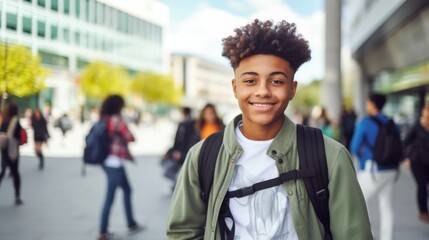 Photo of a glad, smiling young male student. Boy with a backpack ready to start studying university international exchange program summer holidays outdoors with a group of students in the background