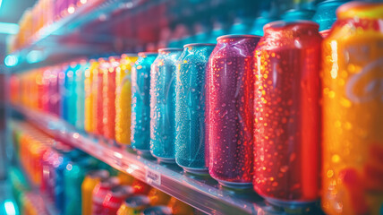 Colorful soda cans on supermarket shelf