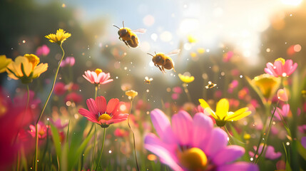 Diurnal bees buzzing around colorful blooming flowers