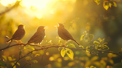 Diurnal birds chirping melodiously under the morning sun