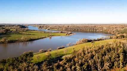 Lac du Jaunay aerial view by drone at Chapelle-Hermier, France - obrazy, fototapety, plakaty