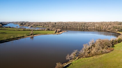 Fototapeta na wymiar Lac du Jaunay aerial view by drone at Chapelle-Hermier, France