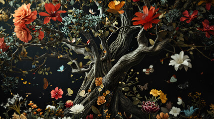A colorful tree with orange and blue hues, surrounded by birds and butterflies.AI Generated