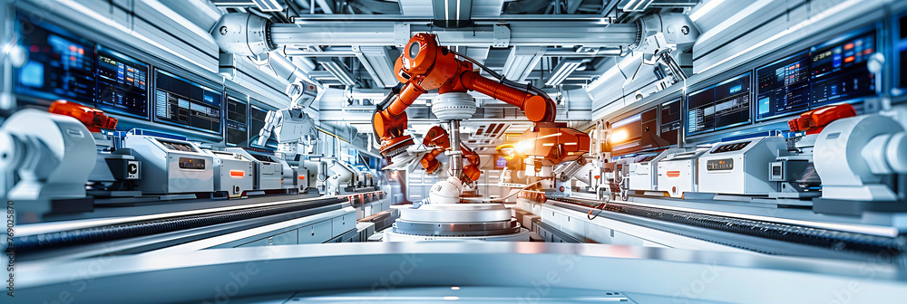 Poster engineering future: robotic arm and engineer in factory, automation and technology in manufacturing