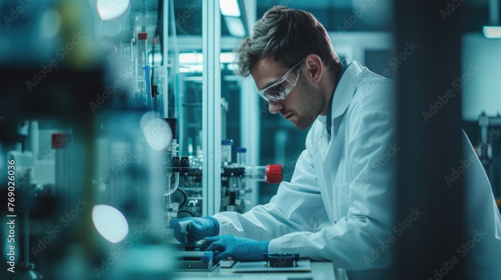 Poster an engineer is conducting experiments in a science lab, wearing a lab coat. aig41