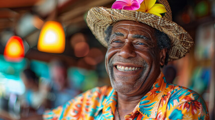 Elderly man smiling with hat. - obrazy, fototapety, plakaty