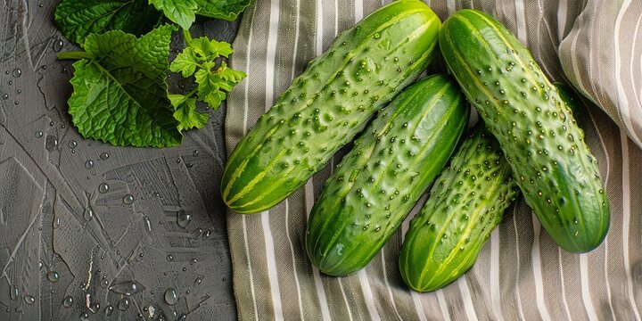 Dew-Kissed Cucumbers on Classic Striped Cloth with Natural Vibe