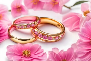 Pink flowers and two golden wedding rings on white background. realistic HD .