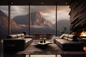 a room with a view of mountains and water