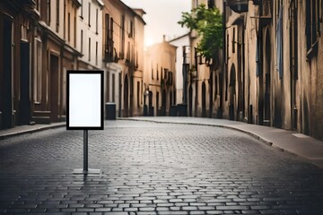 mockup of a blank information poster on patterned paving-stone; an empty vertical street banner template in an alley; billboard placeholder