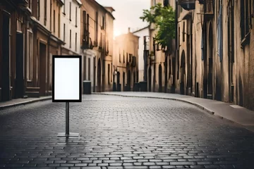 Papier Peint photo Autocollant Ruelle étroite mockup of a blank information poster on patterned paving-stone  an empty vertical street banner template in an alley  billboard placeholder