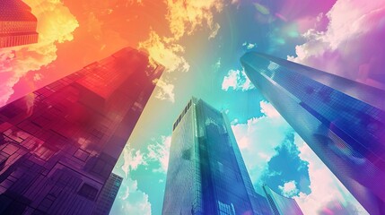 multicoloured illustration of a skyscraper