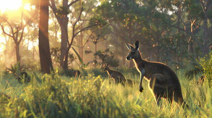 Diurnal kangaroos grazing in an open grassland under the sun