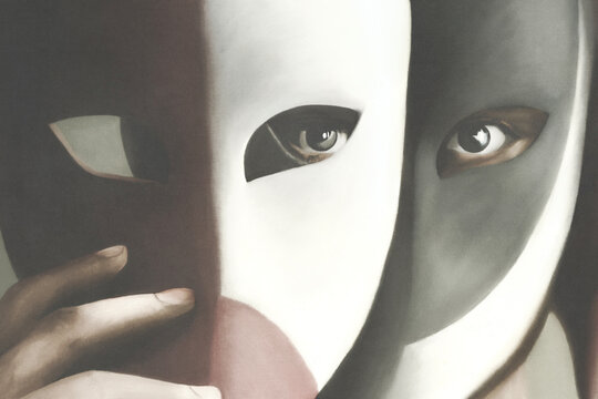 Illustration of jester clown hiding his face with theatrical masks, surreal concept