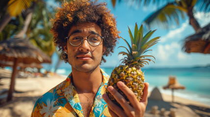 Man holding pineapple on beach.
