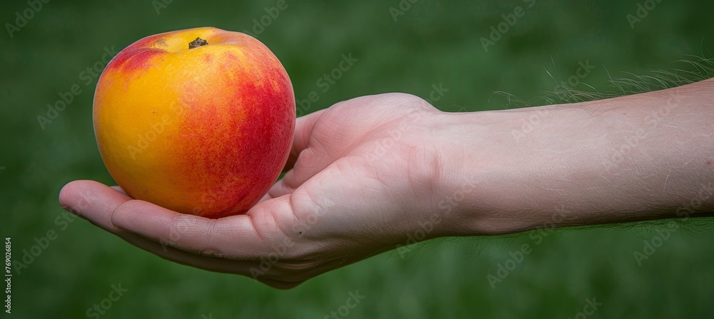 Poster fresh nectarine in hand, selection on blurred background with ample space for text placement