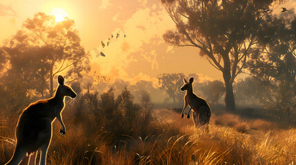 Diurnal kangaroos grazing in an open grassland under the sun