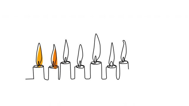 Burning candles, seven candles outline seld drawing animation.