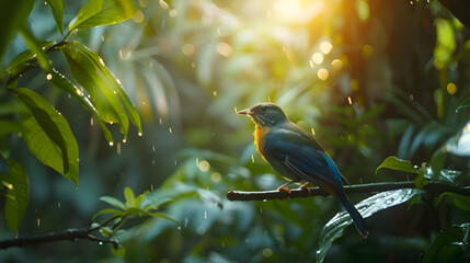 Diurnal songbirds chirping amidst lush greenery at dawn
