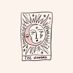 The Lovers moon and sun face celestial mystical whimsical Tarot logo or label, magic cards reader, hand-drawn sketch brush simple minimal print for magical esoteric souvenirs. Witchy hand drawn simple