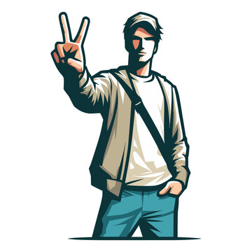 Man showing peace sign vector illustration, happy male gesturing peace victory sign with hand, gladness, joyfulness, positive emotion design template isolated on white background
