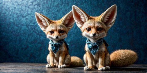 Fototapeta na wymiar A pair of foxes perched together atop a wooden table, facing a blue backdrop