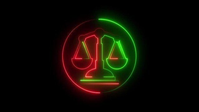 Glowing neon balance scale icon concept. law animation transition masks animation.