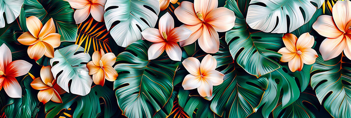 Exotic Plumeria Flowers, Bright Yellow and White Blooms, Tropical Beauty and Freshness - obrazy, fototapety, plakaty