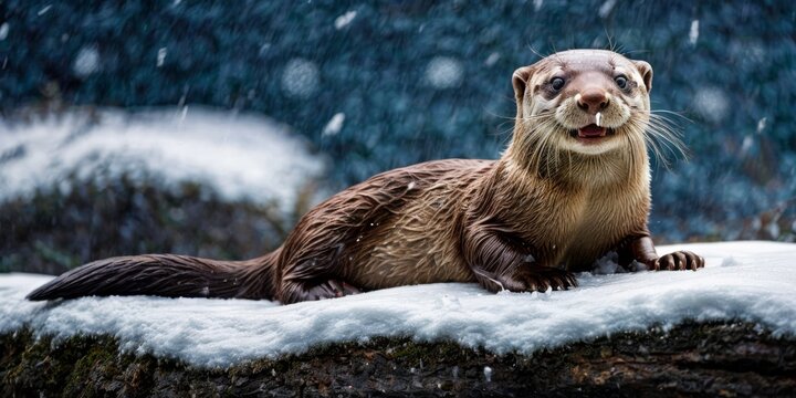   An otter perched on a snow-laden boulder, adjacent to a serene water expanse, amidst descending snowfall