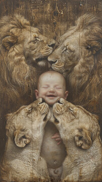 A painting of a baby surrounded by four lions. The baby is smiling and the lions are hugging it. The painting conveys a sense of warmth and love
