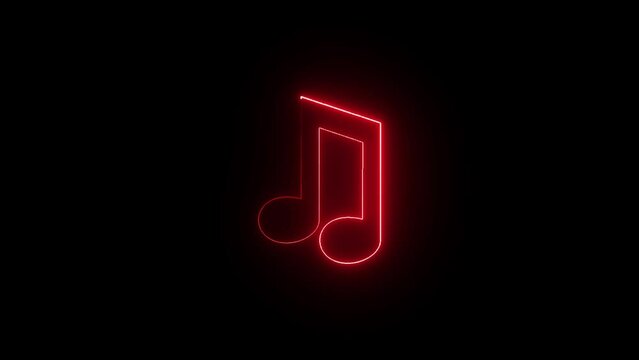  Glowing neon line musical note icon on black background. Music symbol neon color reveal and glowing loop effect animation.
