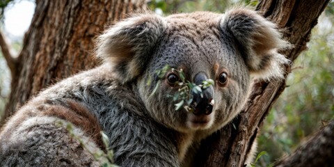 Naklejka premium Koala close-up in tree with leaves on face and bush in background