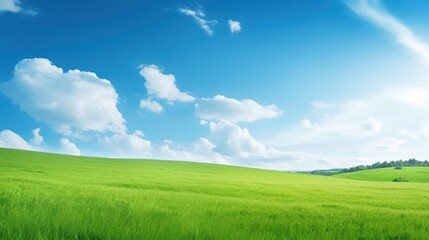 Fototapeta na wymiar Beautiful Landscape view of green grass on a slope with blue sky and clouds background.