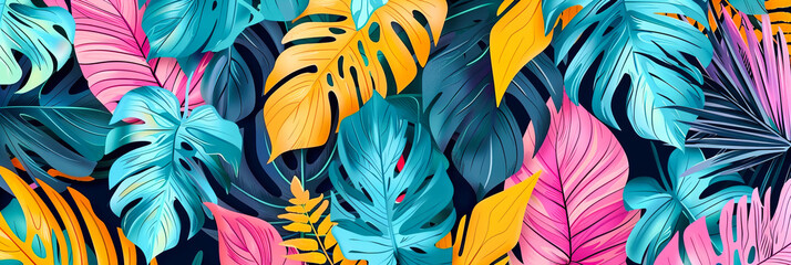Exotic Tropical Pattern, Seamless Design of Leaves and Flowers, Fashionable and Creative Textile Inspiration - obrazy, fototapety, plakaty