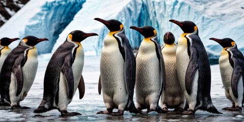  A penguin gathering in front of an iceberg, surrounded by glaciers