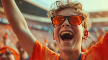 A joyful fan at a soccer event, happily shouting and gesturing with his arms in the air, showcasing his love for the game. AIG41 - obrazy, fototapety, plakaty