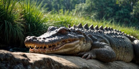 Obraz premium A zoom-in image of a crocodile sunbathing on a boulder beside a lake, surrounded by foliage
