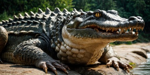 Fototapeta premium A close-up of a crocodile resting on a rock beside a body of water and a forest backdrop
