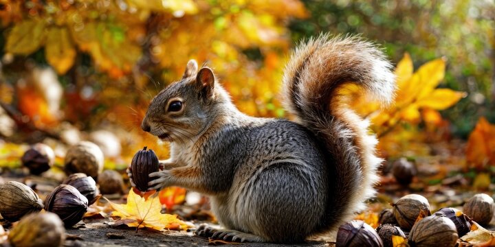   A squirrel stands on hind legs, eating a nut amidst leaves and acorns in a field
