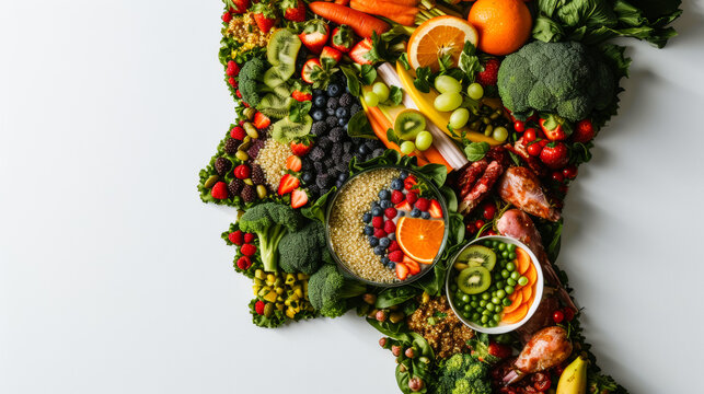 A woman's face made out of vegetables and fruits. The idea behind this image is to promote healthy eating and the importance of consuming a variety of fruits and vegetables