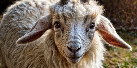 Fototapeta premium Close-up shot of a sheep gazing into the camera against a hazy backdrop of grass and shrubs