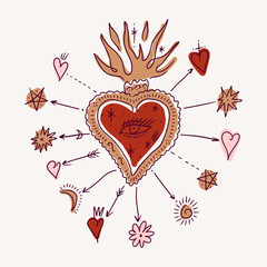 Vector mystical groovy vintage whimsical doodle sacred heart. Valentines love characters. Hand-drawn sketchy set, Jesus saint burning hearts and stars collection. Art print boho clipart symbols - 769028051