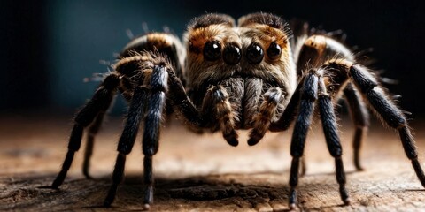   A close-up of a spider on a piece of wood with its eyes open and wide open