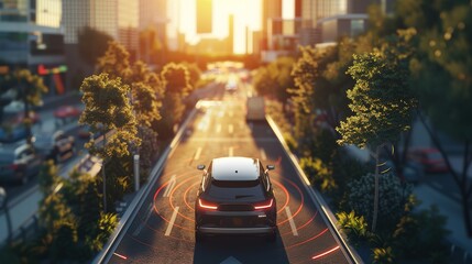 Autonomous car sensor system concept for safety of driverless mode car control . Future adaptive cruise control sensing nearby vehicle and pedestrian . Smart transportation technology