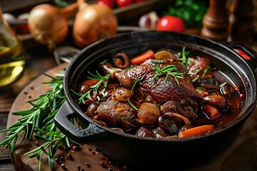 Coq au vin served in a traditional cast iron pot, reflecting the trend towards comfort and slow cooked foods, rich and hearty against a rustic, country style kitchen background - obrazy, fototapety, plakaty