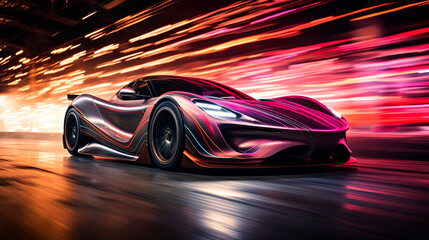 A car is driving down a road with a bright orange and purple color scheme. The car is moving quickly and he is in motion