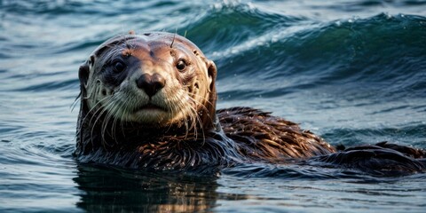   A close-up photo of a sea otter floating on water, with its head raised above the surface