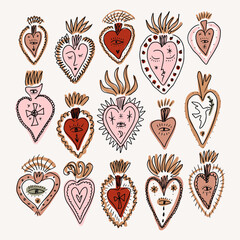 Bundle of vector mystical groovy vintage whimsical doodle sacred hearts. Valentines love characters. Hand-drawn sketchy set, Jesus saint burning heart collection. Art print boho clipart symbols
