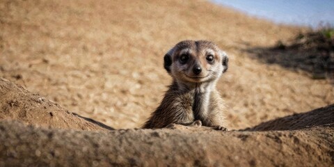 Fototapeta premium A meerkat standing tall on a mound of dirt amidst a field